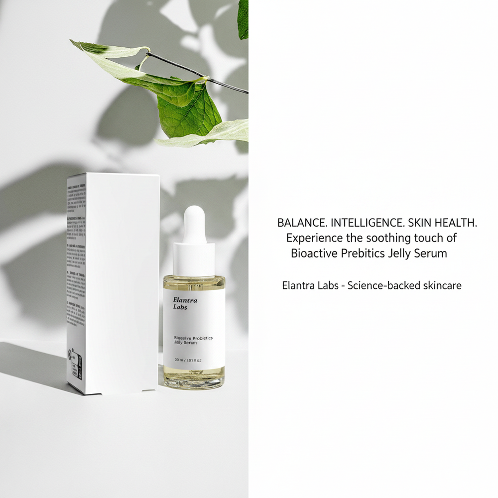 A close-up, premium product shot of the 'Bioactive Prebiotics Jelly Serum' bottle, featuring a subtle gel texture visible thr